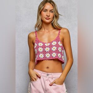 POL Floral Pattern Crochet Cropped Cami with Scalloped Edge